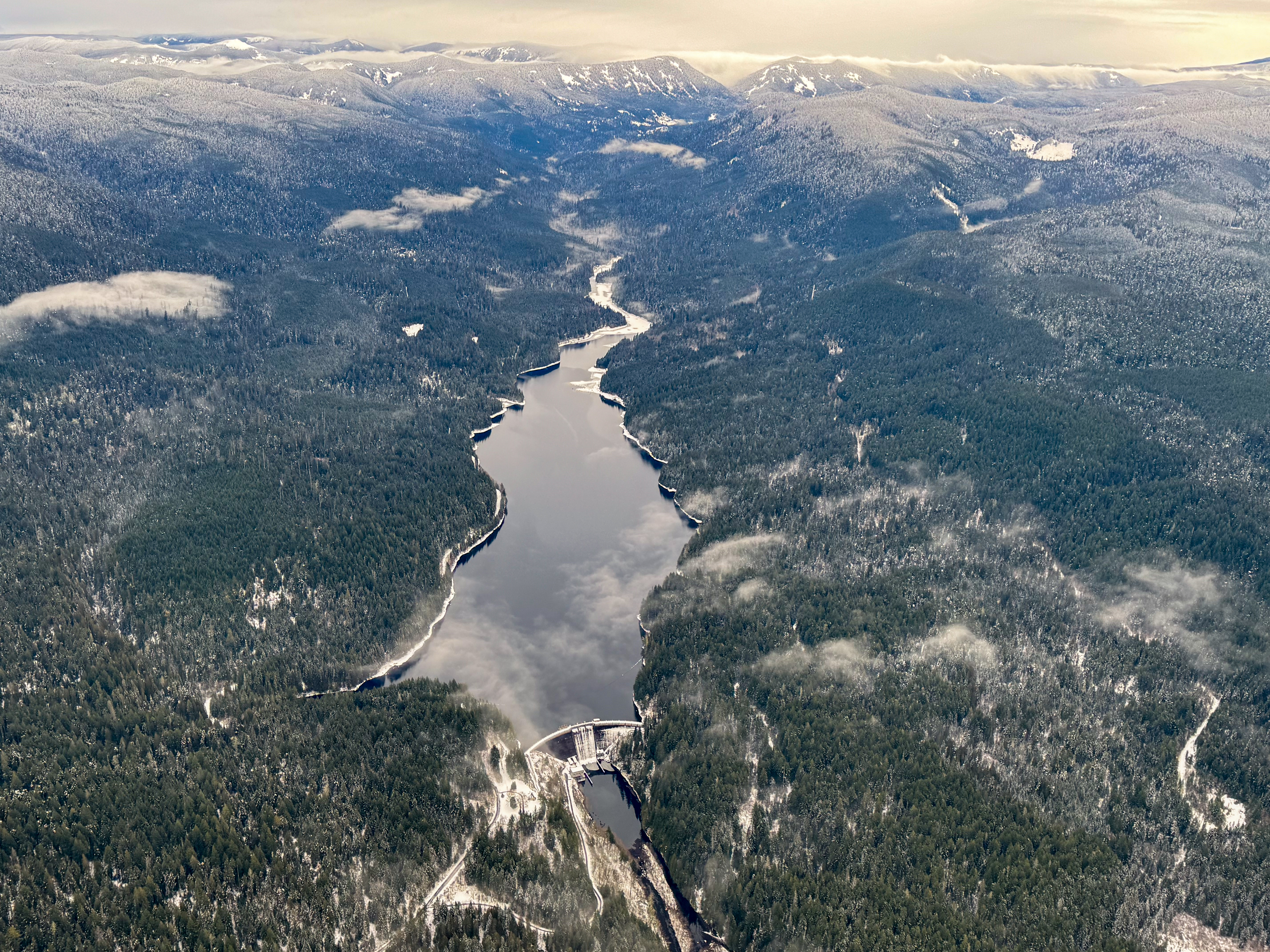 Aerial view of the Willamette Valley's forested reservoirs and farmland
